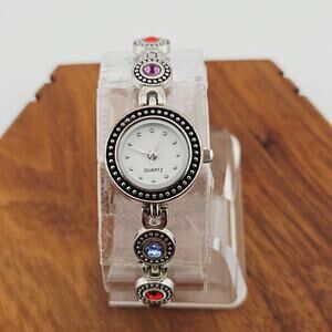 Silver Tone Ladies Rhinestone Bracelet Watch Patina Bezel Link Artsy Hippie Boho